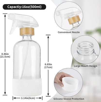 HOMBYS Empty Bamboo Glass Spray Bottles with Silicone Sleeve Protection - Refillable 17 oz Clear Glass Containers for Cleaning Solutions, Essential Oils, Misting Plants - Quality Sprayer - 3 Pack