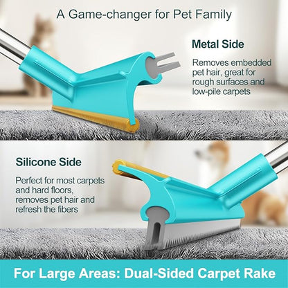 Carpet Rake for Pet Hair Removal (3 Pack), Dog Cat Fur Remover Rubber Broom, Stainless Steel Long Handle Lint Shaver Cleaner Tools, Scraper Brush for Carpet, Rug, Car Mat, Couch, Pet Bed