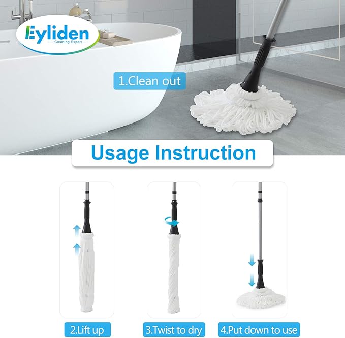 Eyliden Mop with 2 Reusable Microfiber Heads, Easy Wringing Twist Mop, 57.5 inch Long Handle, Wet Mops for Floor Cleaning, Commercial Household Clean Hardwood, Vinyl, Tile, and More (White)