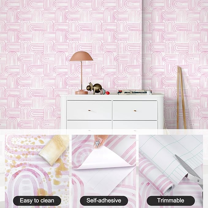 Modern Peel and Stick Wallpaper Light Pink Wallpaper 17.3" x 1200" Boho Abstract Geometric Contact Paper Waterproof Wall Paper for Bedroom Cabinets Furniture Vinyl
