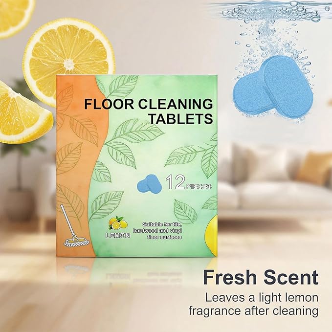 Floor Cleaner Tablets for Hard Floors, Multi-Surface Mopping Tablets, Fast Dissolving, Lemon Scent, 12 Count (1pcs)