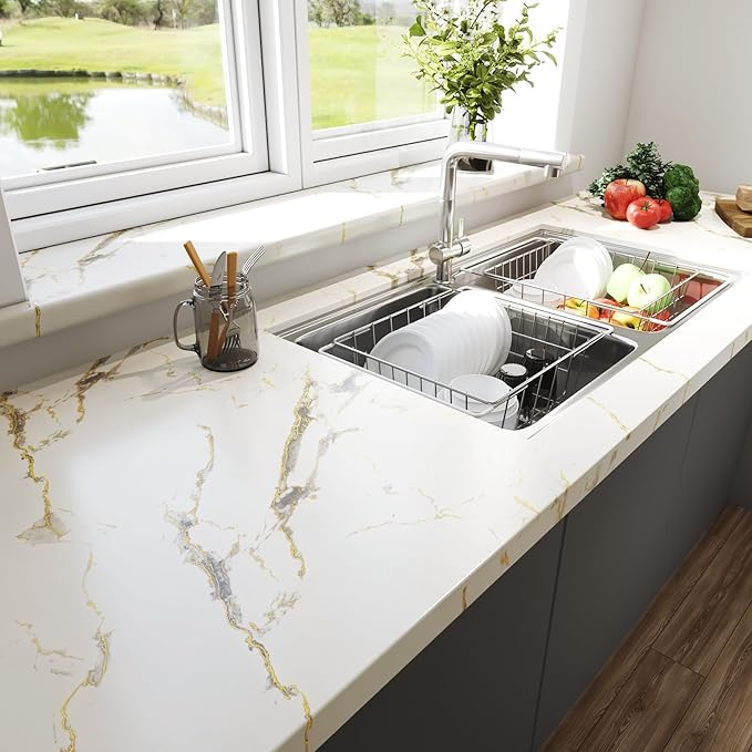 LACHEERY Thick White Marble Peel and Stick Wallpaper White and Gold Wallpaper for Kitchen Accent Wall Paper Counter Cover Peel and Stick Countertop Contact Paper Waterproof Matte Marble Roll 12"x160"