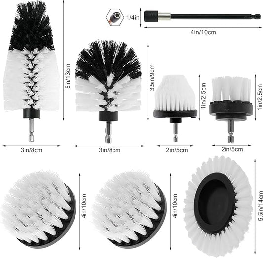 8 Pcs Drill Brush Attachment Set, Power Cleaning Scrub Brush Kit with Extend Long Attachment, All Purpose Drill Scrub Brushes for Car, Grout, Floor, Tub, Bathroom and Kitchen (White)