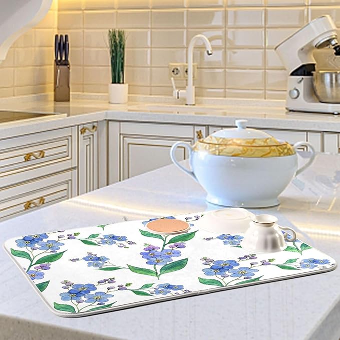 Blue Forget-me-not Flowers Dish Drying Mat for Kitchen Counter 16x18 inch Super Absorbent Drying Mat Large Dish Drying Mats for Kitchen Countertop Protector Dishes Pad