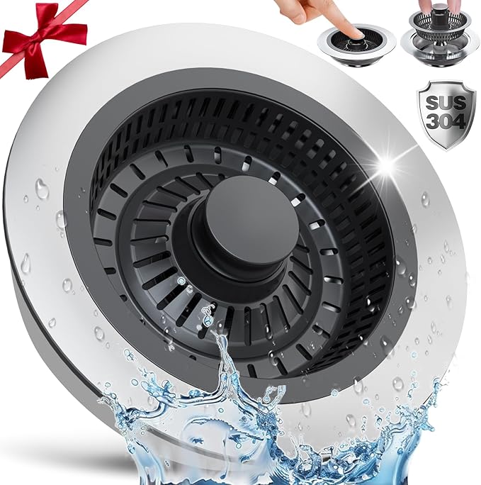 Upgraded 3in1 Kitchen Sink Drain Strainer & Sink Stopper,304 Stainless Steel Metal Sink Drain Stopper with Anti-Clogging Wider Strainer Basket,Kitchen Essentials for US Standard 3-1/2" Drain (Silver)