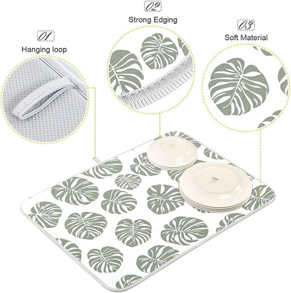Green Palm Monstera Leaves Dish Drying Mat for Kitchen Counter Absorbent Microfiber Drying Pad, Medium 16x18 in