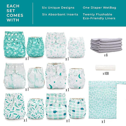 Simple Being Reusable Cloth Diapers, Double Gusset, One Size Adjustable, Washable Soft Absorbent, Waterproof Cover, Eco-Friendly Unisex Baby Girl Boy, six 4-Layers Microfiber Inserts (Knights Dragons)