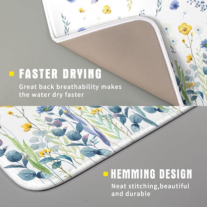 Floral Dish Drying Mat for Kitchen Counter 18x16 Inch Yellow Purple Flower Drying Mat with Absorbent Reversible Microfiber Season Spring Dish Drainer Mats Rack Pad for Coffee Countertop Protector