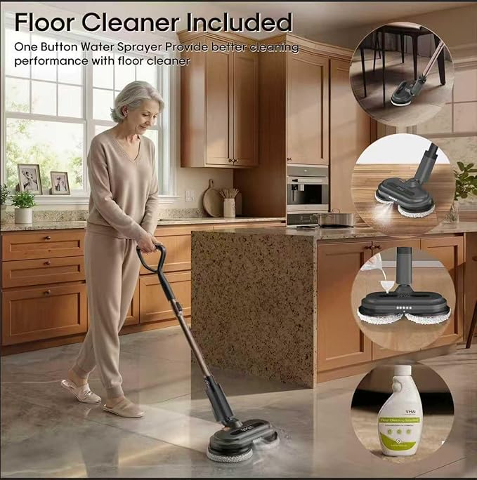 Cordless Electric Mop, Electric Floor Cleaner with Water Sprayer & LED Headlights, Up to 60 mins Lasting Time, Powerful Spin Mop with Extendable Tube, Self-Propelled, Floor Cleaning Solution included