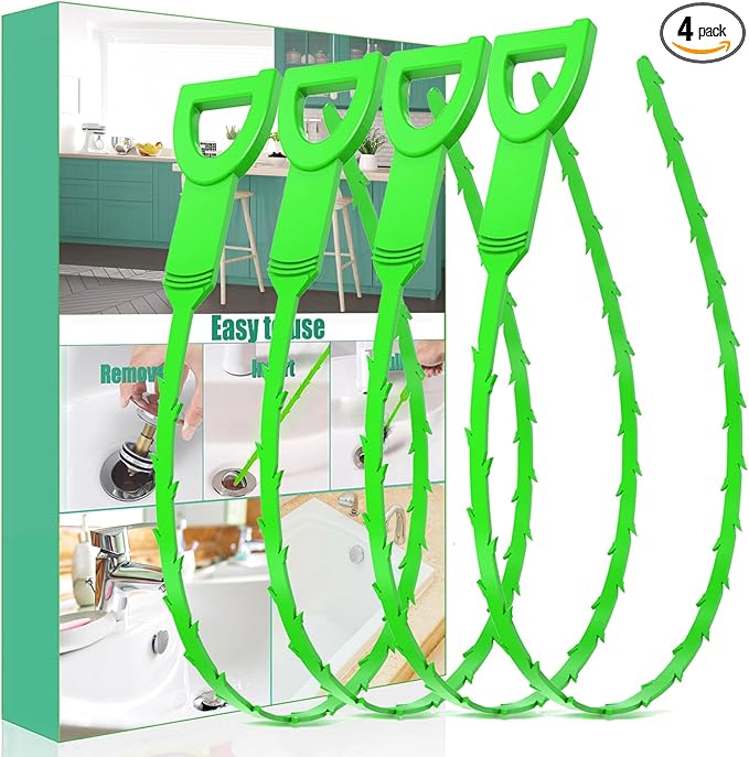 Drain Snake Hair Drain Clog Remover - 4 Pack Shower Snake Sink Unclogger Tool with Exquisite Packaging (Green)