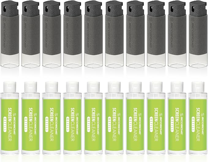 Scosche SCOCLNR 2-in-1 Streak-Free Screen Cleaning Kit, Refillable Electronic Screen Cleaner Spray and Wipe for TV, Computer, Phone, iPhone, iPad, Laptop, MacBook, Car Touchscreen, 10 Pack