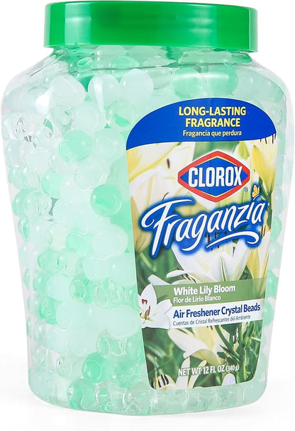 Clorox Fraganzia Crystal Beads Air Freshener, Long Lasting Room Deodorizer and Odor Eliminator Gel Beads to Freshen Home, Car, or Office, White Lily Bloom Scent, 12 Fl Oz