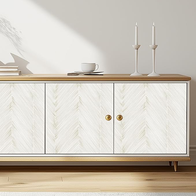 Modern Peel and Stick Wallpaper A Set of 17.3"x480" Beige Herringbone Striped Wall Paper Boho Self-Adhesive Removable Contact Paper for Cabinets Bathroom Bedroom Wall Decor