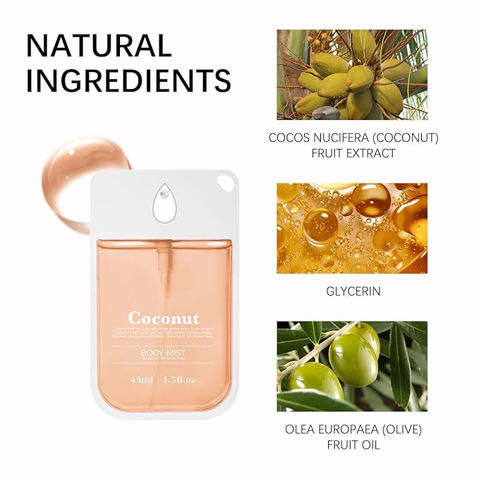 Coconut Body Mist for Women and Men– Refreshing Tropical Scent Spray with Natural Oils, Lightweight Hydrating Formula for Daily Use, After Shower or On-the-Go – 45ml / 1.5 fl oz