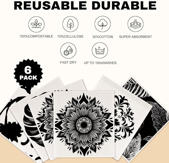 6 Pack Swedish Dishcloths for Kitchen, Geometric Dish Towels Reusable Paper Towels Washable Absorbent Cellulose Sponge Cloths No Odor for Cleaning Home Kitchen
