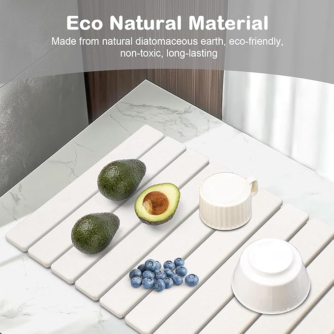 Large Stone Dish Drying Mat for Kitchen Counter, 24"(L)×16"(W), Collapsible Quick Drying Mat, Absorbent Eco-Friendly Diatomaceous Earth Mats for Dishes Bottles, Match Any Countertop - White