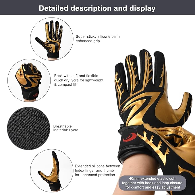 Youth Football Gloves Kids Silicone Grip Receiver Gloves with Super Stick Ability for Best Game Experience