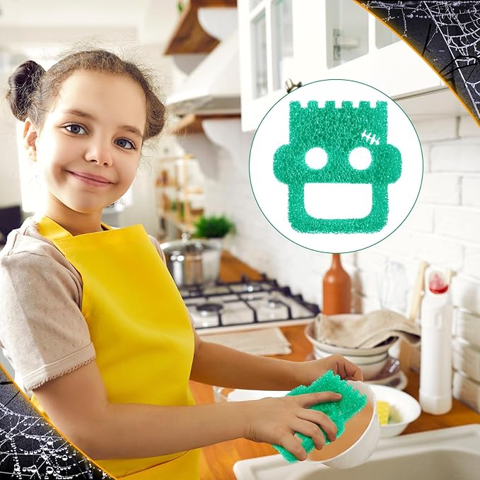 Umigy 12 Pcs Halloween Cleaning Sponges Cute Kitchen Scrub Sponges Ghost Bat Pumpkin Cat Sponge Temperature Sensitive Non Scratch Household Cleaning Sponges Scrubber for Dish Pots and Pans Dishwashing