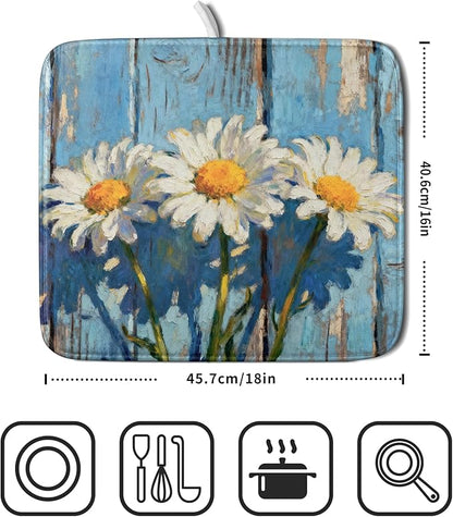 Daisy Floral Dish Drying Mat for Kitchen Counter 16x18 Spring Summer Theme Woodgrain White Flower Seasonal Absorbent Reversible Microfiber Drying Mats Kitchen Countertop Protector Dishes Drainer Pad