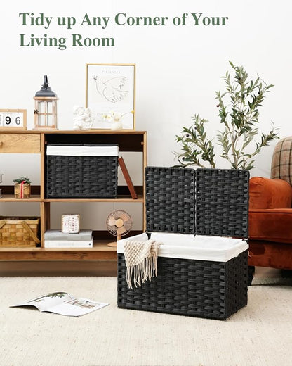 Storage Basket with Lid Rattan Woven Storage Baskets with 2 Separate Lids, 17.2 Gallon (65 L), Wicker Storage Bins Foldable, 2 Removable Liner Bags Handles for Bedroom, Laundry Room Black