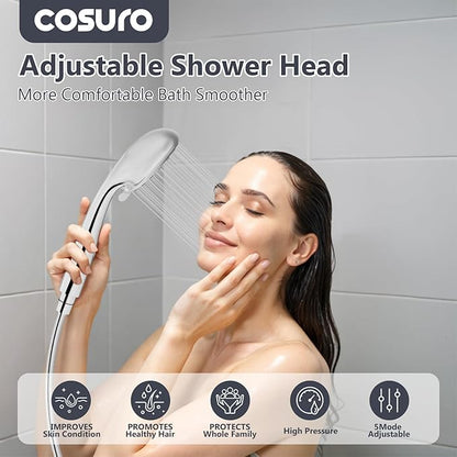 High Pressure Shower Head with Powerful Shower Spray & 59'' Stainless Steel Hose, 5 Spray Modes, Adjustable Bracket and Non-Clogging Nozzles（Chrome）