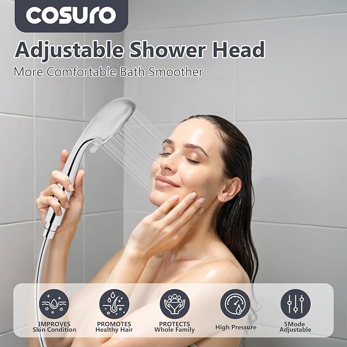 High Pressure Shower Head with Powerful Shower Spray & 59'' Stainless Steel Hose, 5 Spray Modes, Adjustable Bracket and Non-Clogging Nozzles（Black）