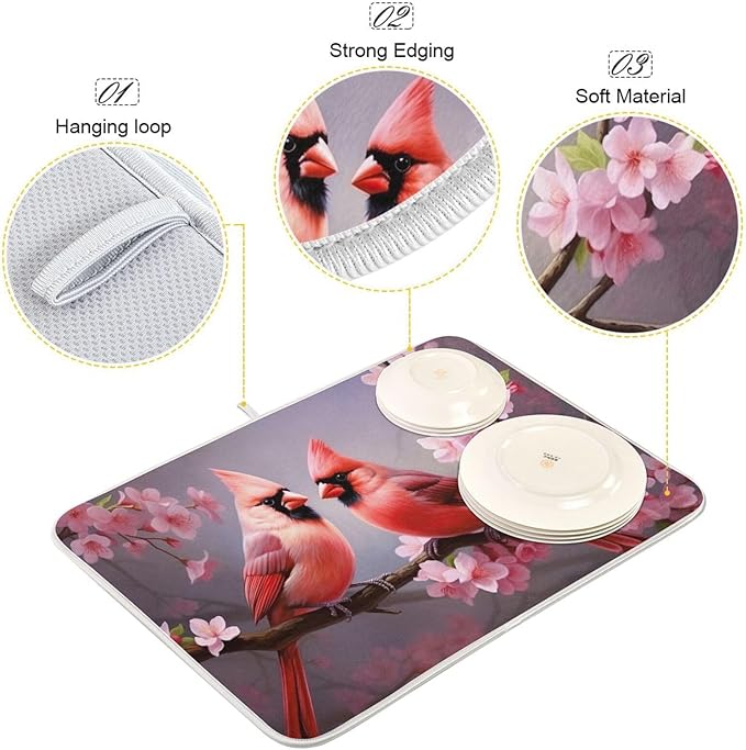 Dish Drying Mat Kitchen Counter Absorbent Red Cardinals Coffee Sink Mat Dish Drainer Pad 18 Inch x 16 Inch