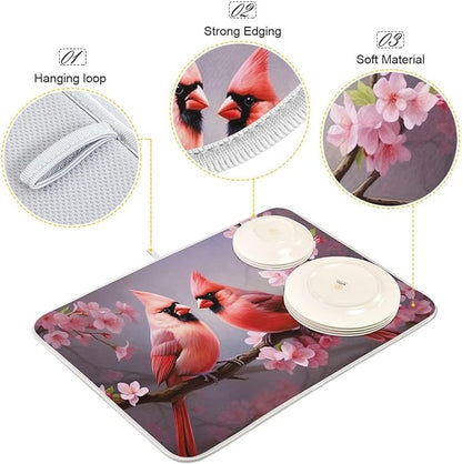 Dish Drying Mat Kitchen Counter Absorbent Red Cardinals Coffee Sink Mat Dish Drainer Pad 18 Inch x 16 Inch