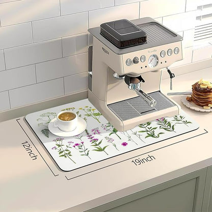 Bloss Kitchen Mat, Coffee Mat 12"x19", Coffee Bar/Maker Mat, Kitchen Counter Mats, Absorbent Hide Stain Rubber Backed Dish Drying Pad(, Flowers and Leaves)