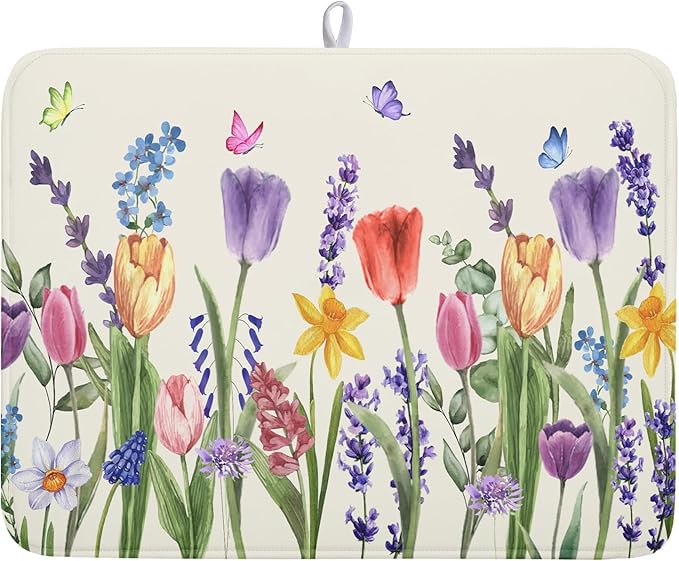 Spring Floral Dish Drying Mat for Kitchen Counter 18x24 Inch Spring Flowers Dish Drainer Rack Mats Absorbent Kitchen Drying Mat Botanical Floral Drainer Rack Mats for Kitchen Countertop Table Decor