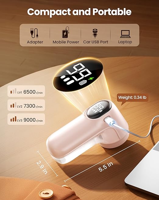 Gaiatop Fabric Shaver Rechargeable, Electric Lint Remover Shaver with LED Display, 6 Leaf Blade, 3-Speeds Sweater Depiller for Clothes, Furniture, Couch, Fuzz, Pills, Pink