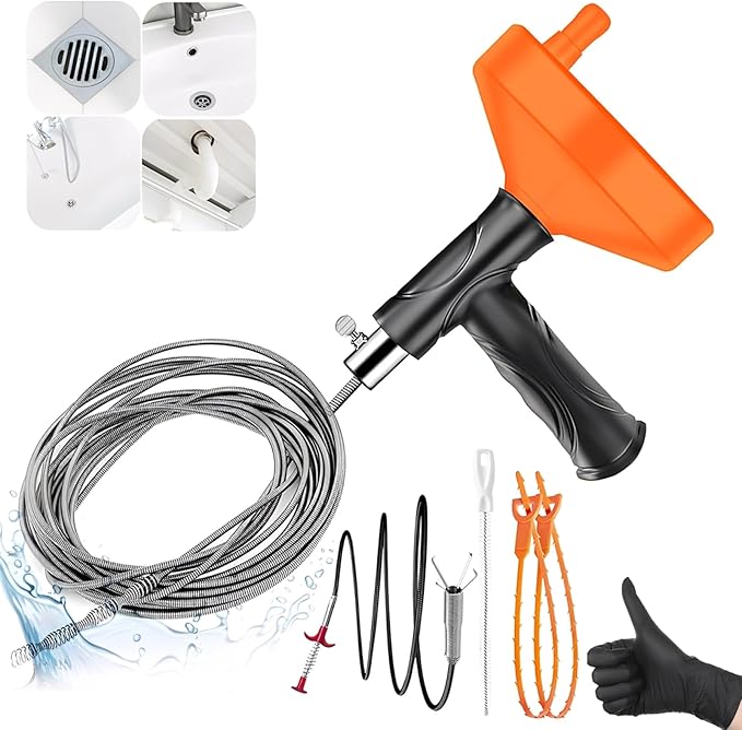 Drain Snake Auger 33 Feet, Plumbing Snake Drain Hair Clog Removal Tool, Heavy Duty Toilet Snake Auger, Sink Unclogger Drain Cleaner Tool for Bathroom Kitchen Tub Shower Drain Clog Remover with Gloves