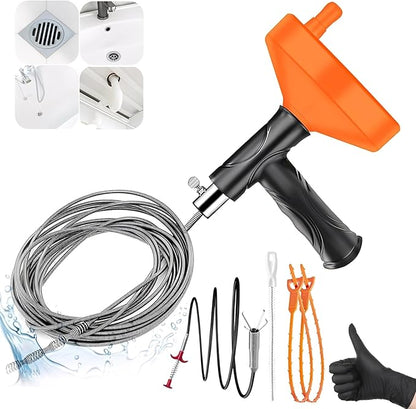 Drain Snake Auger 33 Feet, Plumbing Snake Drain Hair Clog Removal Tool, Heavy Duty Toilet Snake Auger, Sink Unclogger Drain Cleaner Tool for Bathroom Kitchen Tub Shower Drain Clog Remover with Gloves