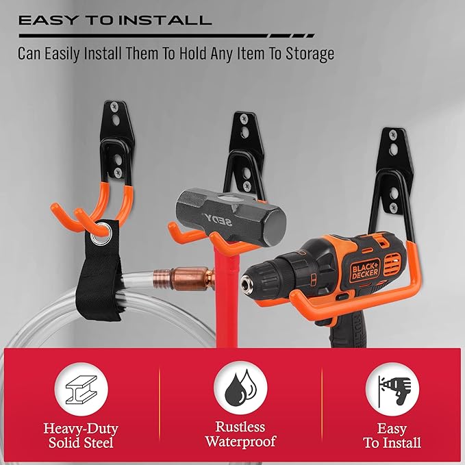 Garage Tool Storage Wall Hook Assortment Set: 15PCS Heavy Duty Large Hanger Garden Tool Organizer Ladder Bike Rack Yard Tool Holder Shed Shovel Metal Screw Organization Bicycle Steel Bracket, Orange