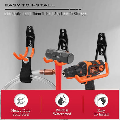 Garage Tool Storage Wall Hook Assortment Set: 15PCS Heavy Duty Large Hanger Garden Tool Organizer Ladder Bike Rack Yard Tool Holder Shed Shovel Metal Screw Organization Bicycle Steel Bracket, Orange