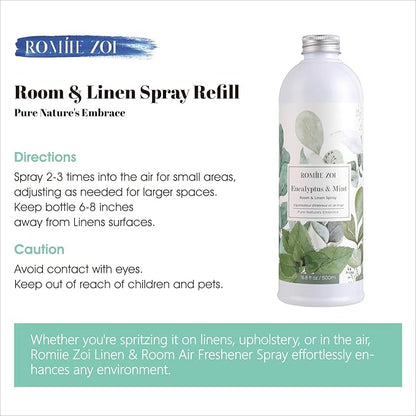 ROMIIE ZOI Eucalyptus Mint Room Spray Refill - 500ml / 16.8 Fl Oz - Soothing Aromatherapy Scent for Spa-Like Relaxation & Clarity - Concentrated Air Freshener