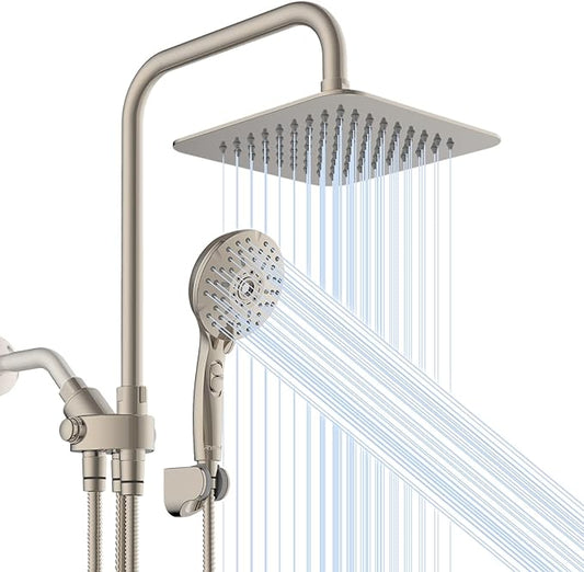 Ryamen Dual Shower Head Combo, Brushed Nickel 8'' High Pressure Rain/Rainfall Shower Head, 6 Settings Adjustable Handheld Showers, with 15" Height Adjustable Slide Bar, Holder/59’‘ Hose