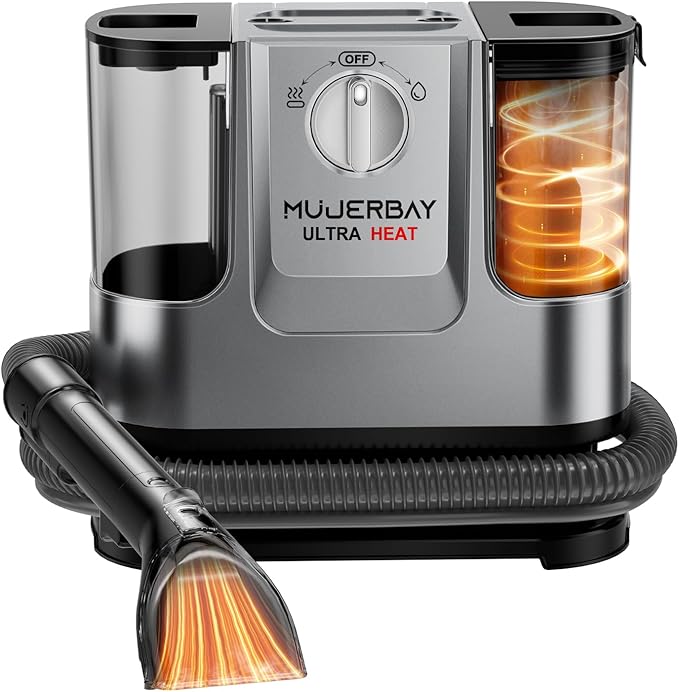 Upholstery Carpet Cleaner, MUJERBAY UltraHeat 12Kpa Portable Spot and Stain, Easy Move with Universal Wheels & Handle, 1.18-inch Deep Cleaning Machine for Couch, Stairs, Car and Pet Messes.
