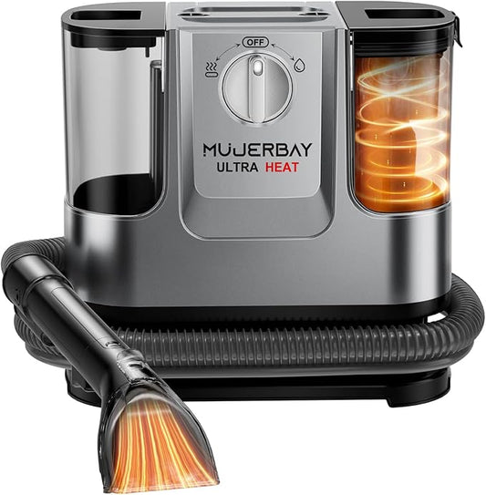 Upholstery Carpet Cleaner, MUJERBAY UltraHeat 12Kpa Portable Spot and Stain, Easy Move with Universal Wheels & Handle, 1.18-inch Deep Cleaning Machine for Couch, Stairs, Car and Pet Messes.
