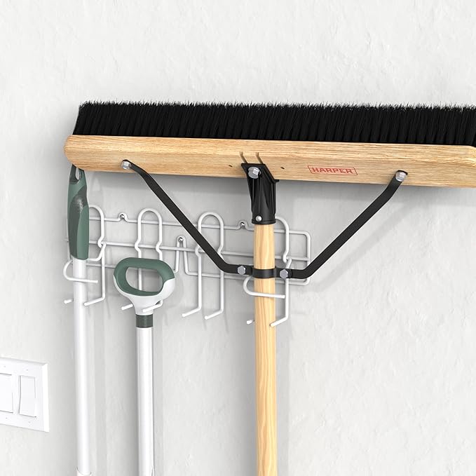ClosetMaid 3462 Broom & Mop Holder for Wall or Door Mount, Durable White Metal Steel