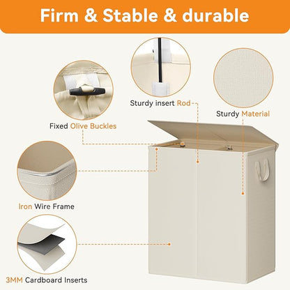 Chrislley 140L Laundry Hamper 2 Section, Double Laundry Basket with Lid, Large Dirty Clothes Hamper with Removable Liner Bags, Collapsible Laundry Organizer for Bedroom, Dorm,Beige