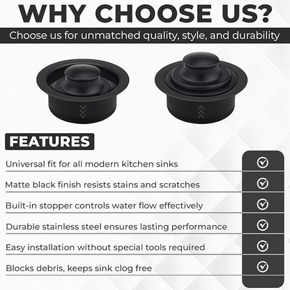 Garbage Disposal Flange Drain with Water Stopper- Universal Matte Black Stainless Steel Flange Fit 3-1/2 Inch Kitchen Sink Hole for Easy New Installation or as a Replacement Accessories Kit