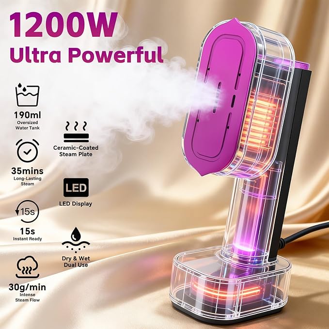 Handheld Garment Steamer, 2-in-1 Steamer & Iron, 1200W Fast Heat, Portable Travel Steamer with LED Display, 6 Modes, for Home & Travel