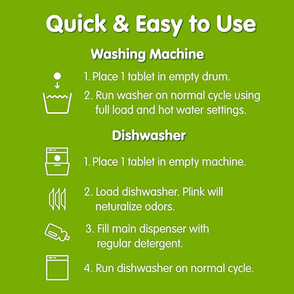 Plink Washing Machine and Dishwasher Cleaner and Freshener, Prevents Residue and Removes Odors in Kitchen and Laundry Room Appliances, Septic-Friendly, Made in the USA, Lemon Scent, 12 Tablets