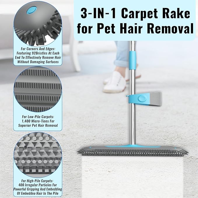Carpet Rake for Pet Hair Removal Tool, 3 in 1 Carpet Scraper with 59" Adjustable Handle, Silicone Rug Rake for Dog & Cat Hair, Pet Hair Remover for Furniture, Couch, Pet Bed & Car Interior