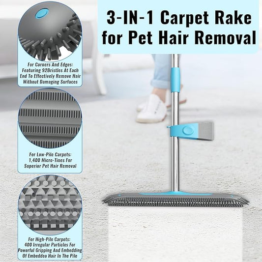 Carpet Rake for Pet Hair Removal Tool, 3 in 1 Carpet Scraper with 59" Adjustable Handle, Silicone Rug Rake for Dog & Cat Hair, Pet Hair Remover for Furniture, Couch, Pet Bed & Car Interior