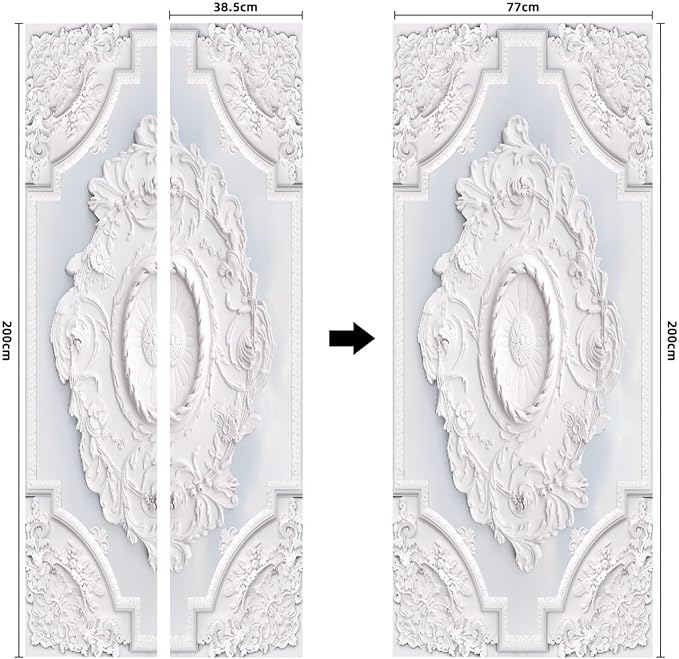 A.Monamour 3D Door Stickers for Interior Doors Luxury White Wall Design with Flowers Relief Moldings Vinyl Waterproof Self Adhesive Door Mural Decals for Bedroom Office Bathroom 77x200cm