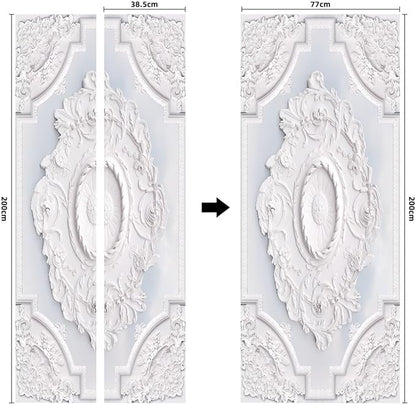 A.Monamour 3D Door Stickers for Interior Doors Luxury White Wall Design with Flowers Relief Moldings Vinyl Waterproof Self Adhesive Door Mural Decals for Bedroom Office Bathroom 77x200cm