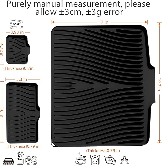 Silicone Dish Drying Mat for Kitchen Counter, Dish Drying Pad, Non-Slip Drain Pad with Built-in Drain, Heat Resistant Stone Drying Mat,BLack-1Set-XL
