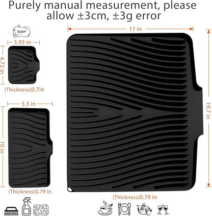 Silicone Dish Drying Mat for Kitchen Counter, Dish Drying Pad, Non-Slip Drain Pad with Built-in Drain, Heat Resistant Stone Drying Mat,BLack-1Set-XL